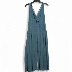 Teal V-Neck Wide-Leg Linen Jumpsuit